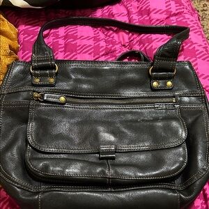 Fossil Black Leather Shoulder Bag with Gold Hardware